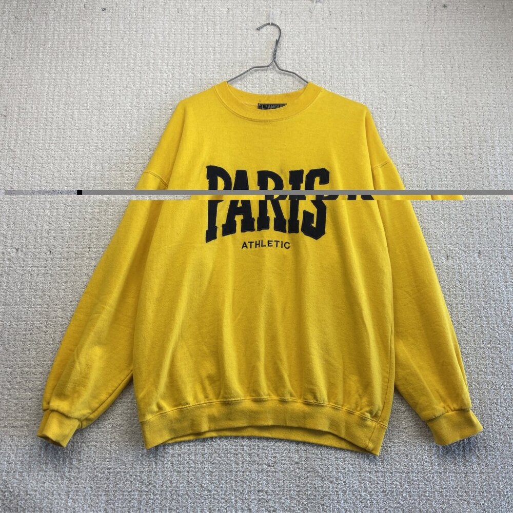 VTG L’Amour Paris Athletic College Sweatshirt XL Yellow Script Spell out Retro
